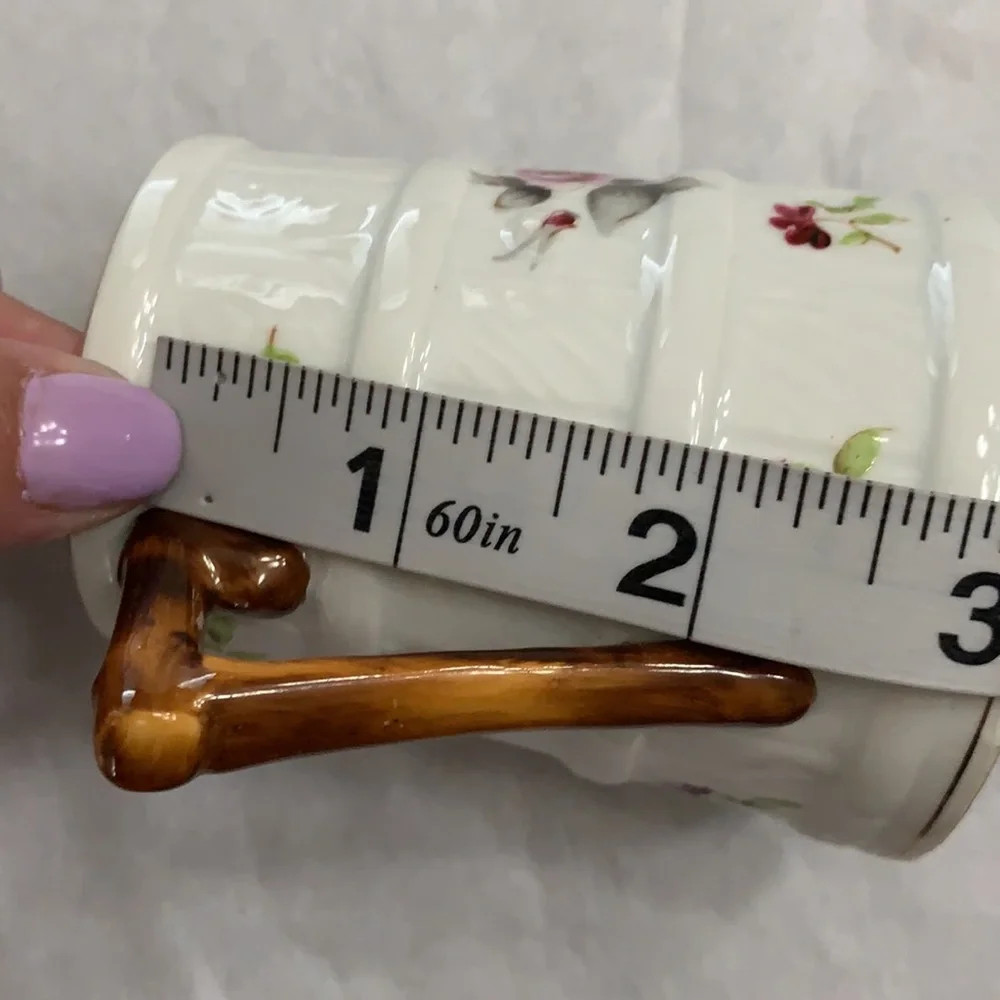 Bone China with faux bois handle with floral barrel creamer pitcher